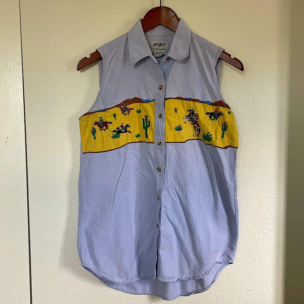 One of a kind, Western print button down tank